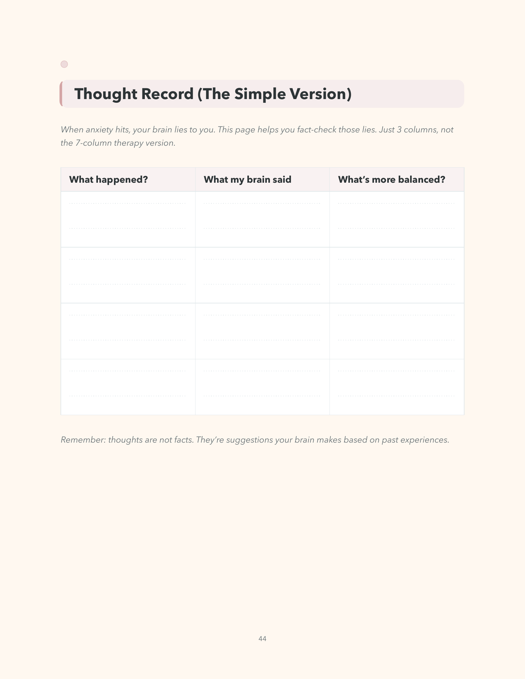 Brainwired CBT thought record journal page sample