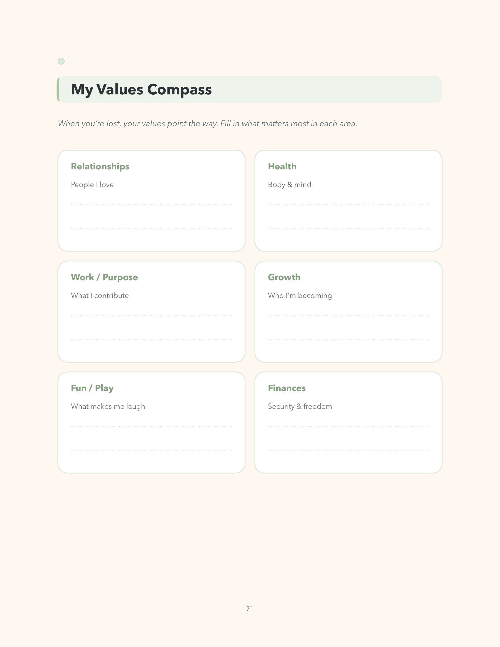 Brainwired values compass journal page sample